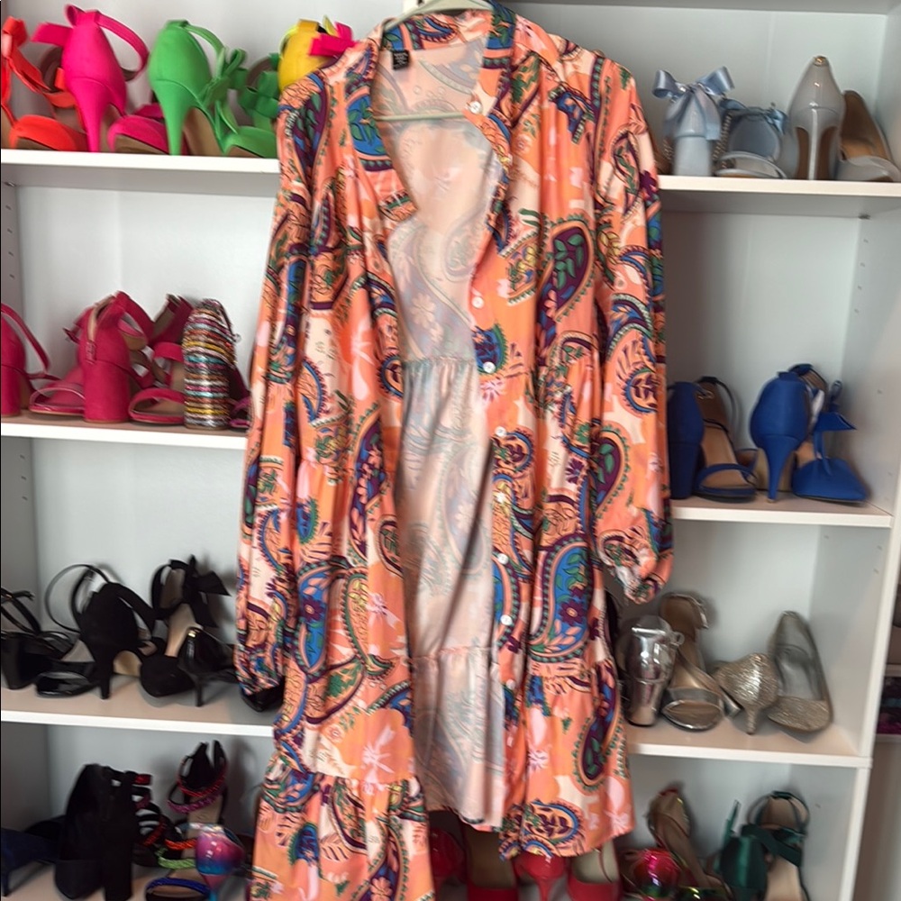 SHEIN Orange Long Sleeve Bishop Sundress Resort Wear